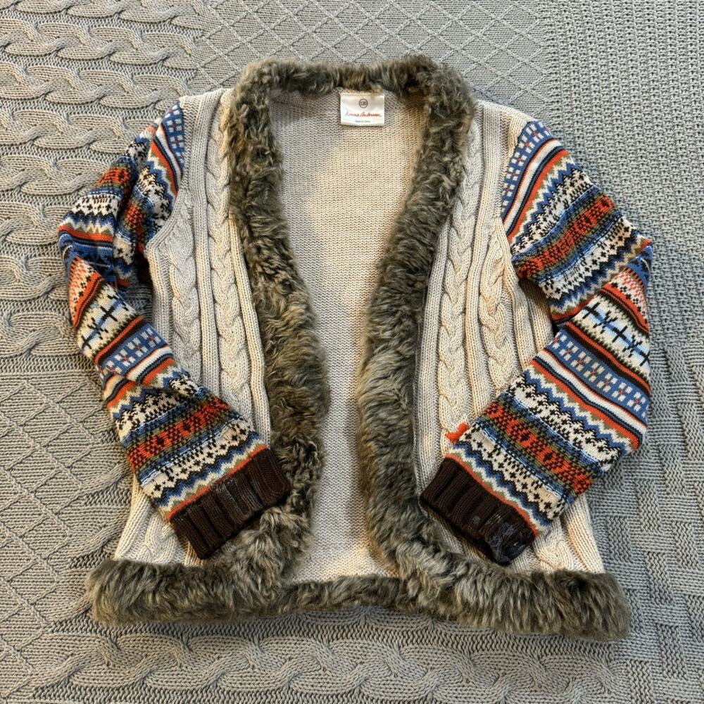 Hanna Andersson Cream Cable Knit Cardigan with Multicolor Fair Isle Sleeves